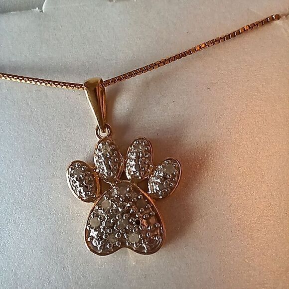 Diamond Pet Paw Gold plated Sterling Silver Necklace NWT - Picture 2 of 9